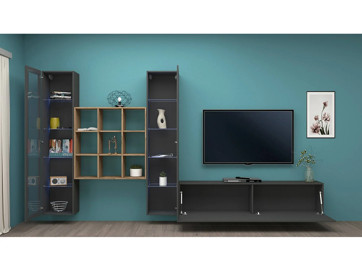 Parete attrezzata Egidio, Set salotto porta TV a 3 ante, Mobile soggiorno multiuso con vetrina e luce LED, 100% Made in Italy, cm 350x30h180, Antracite e Acero