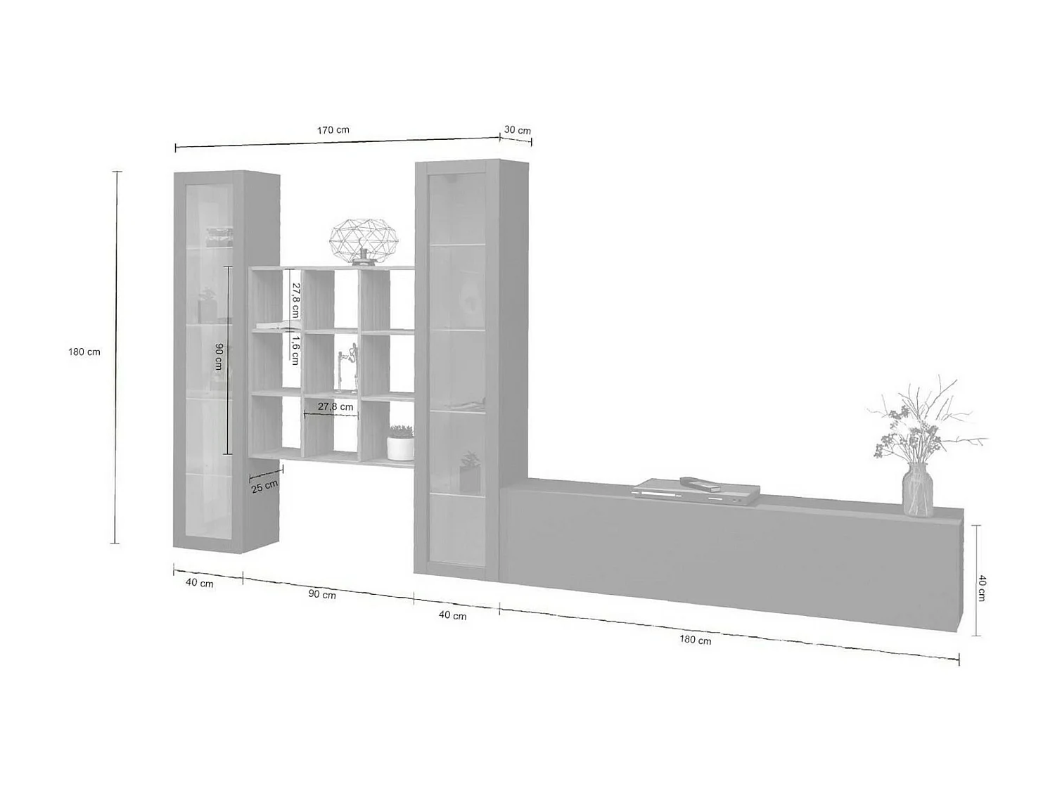 Élément mural Egidio, meuble TV 3 portes, Meuble de salon polyvalent avec vitrine et lumière LED, 100% Made in Italy, 350x30h180 cm, Anthracite et Érable