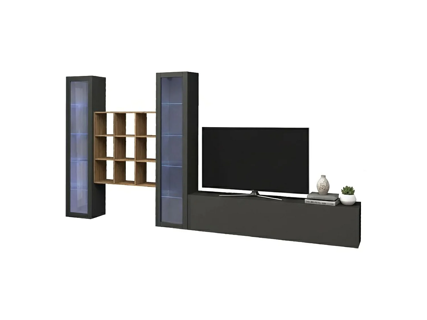 Élément mural Egidio, meuble TV 3 portes, Meuble de salon polyvalent avec vitrine et lumière LED, 100% Made in Italy, 350x30h180 cm, Anthracite et Érable