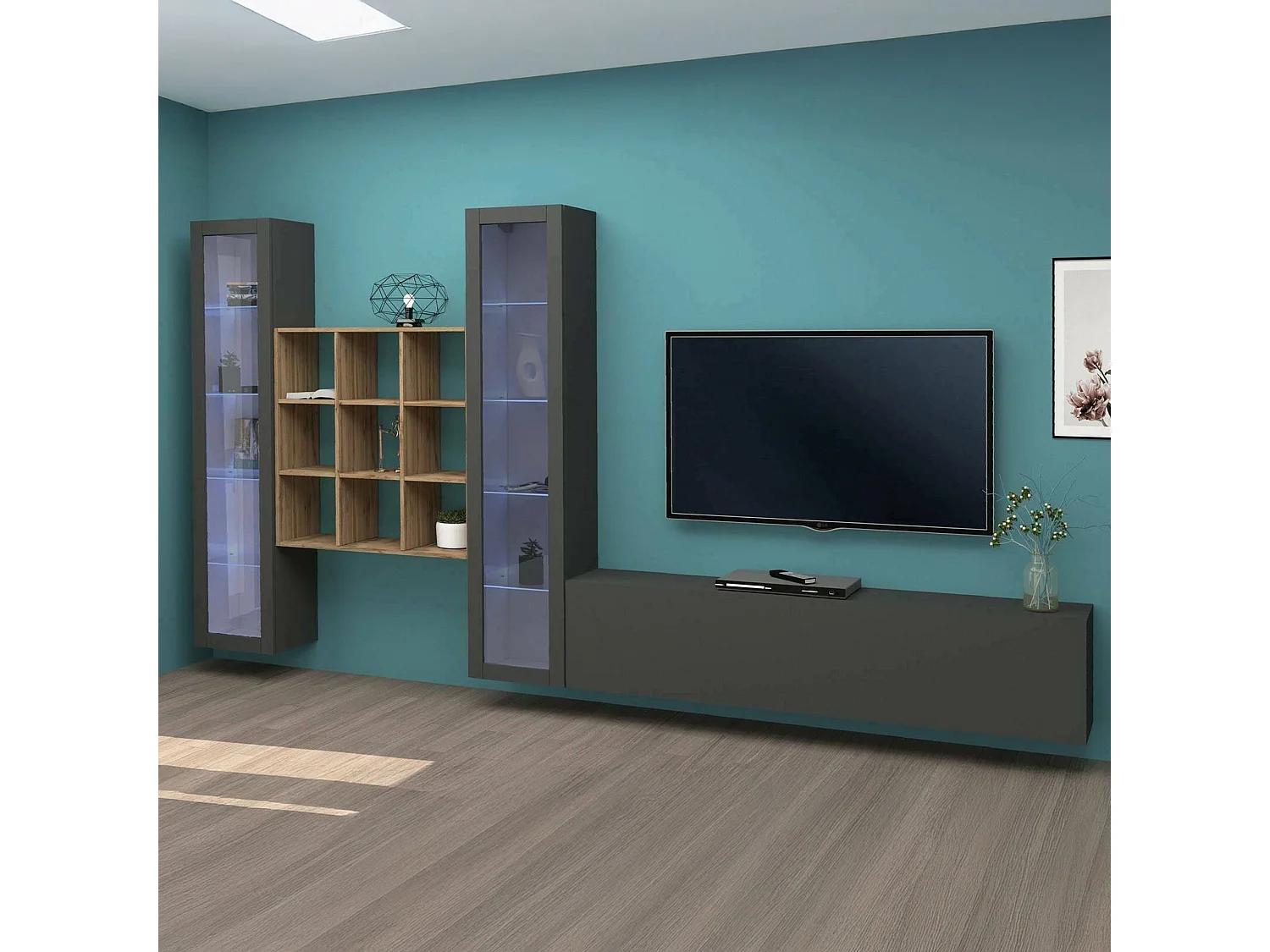 Élément mural Egidio, meuble TV 3 portes, Meuble de salon polyvalent avec vitrine et lumière LED, 100% Made in Italy, 350x30h180 cm, Anthracite et Érable
