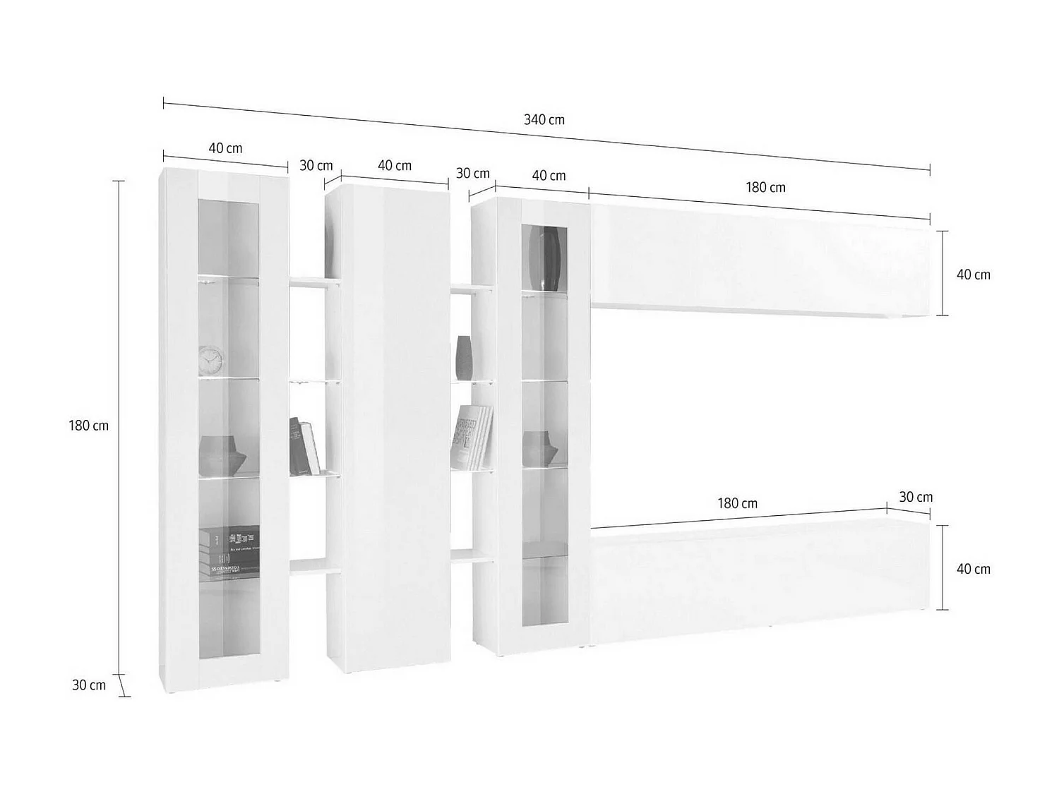 Système mural Clemente, meuble TV 5 portes, meuble de salon polyvalent, 100% Made in Italy, 340x30h180 cm, Anthracite