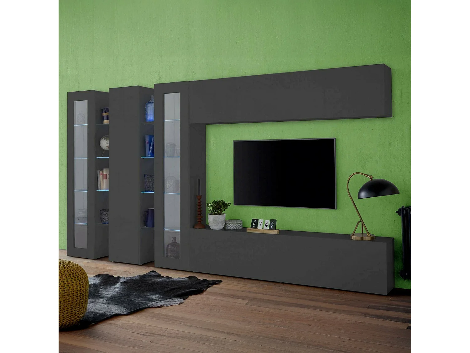 Dmora Wandmeubel Clemente 30x340x180h cm Antraciet 22 Planken Draaideuren en Kleppen, 5 Deuren Made in Italy