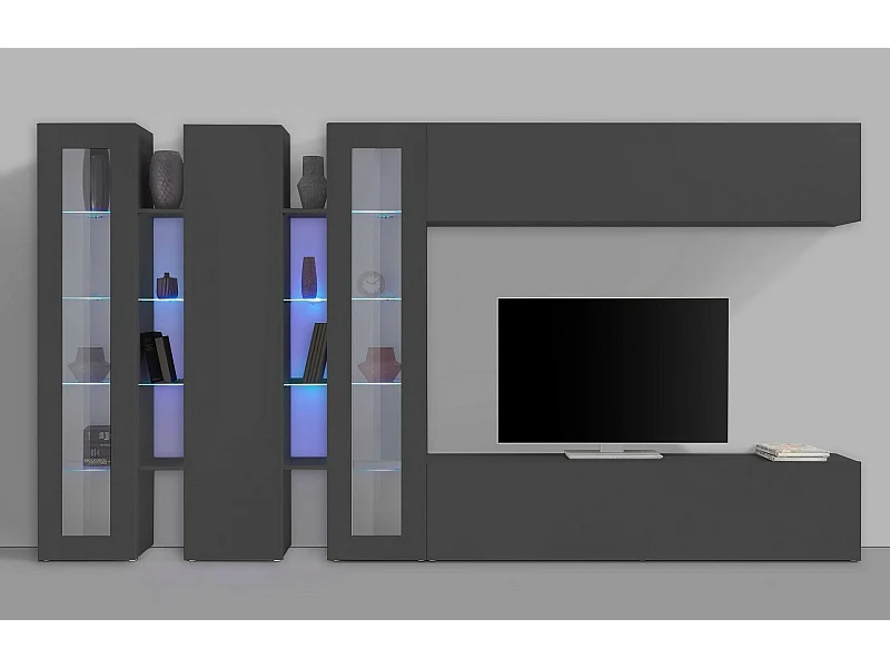 Dmora Wandmeubel Clemente 30x340x180h cm Antraciet 22 Planken Draaideuren en Kleppen, 5 Deuren Made in Italy