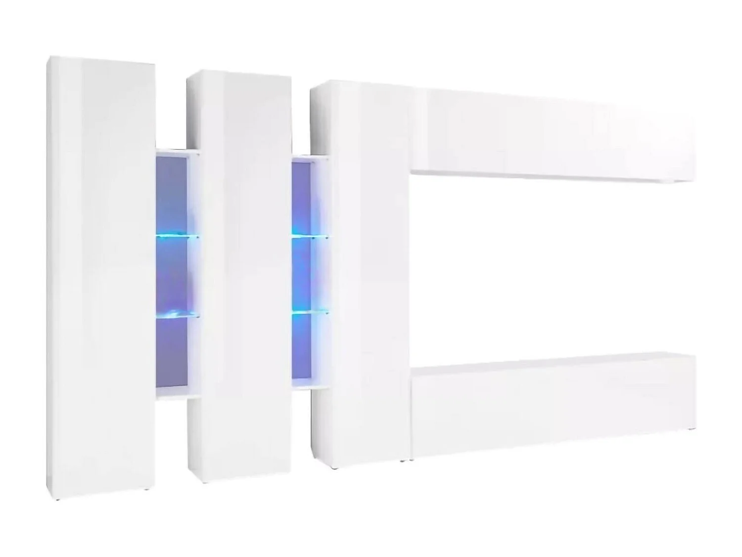 Parete attrezzata Carmelo, Set salotto porta TV a 5 ante, Mobile soggiorno multiuso, 100% Made in Italy, cm 340x30h180, Bianco lucido