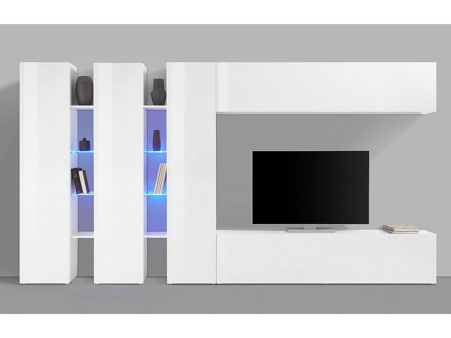 Élément mural Carmelo, ensemble de salon meuble TV 5 portes, meuble de salon polyvalent, 100% Made in Italy, 340x30h180 cm, Blanc brillant