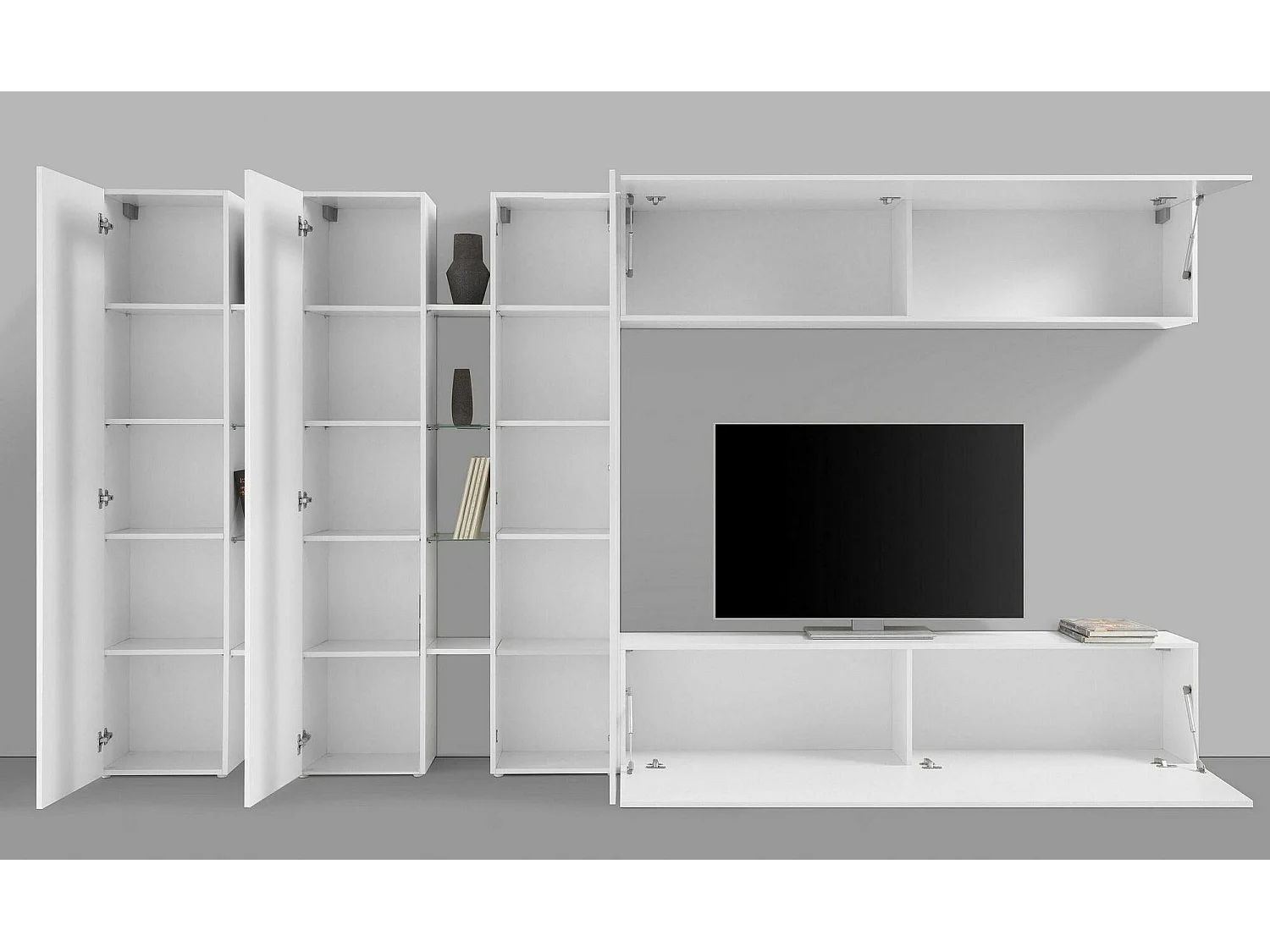 Dmora Wandsysteem Carmelo 30x340x180h cm Wit Glanzend 23 Planken Draaideur en Klep, 5 Deuren Made in Italy