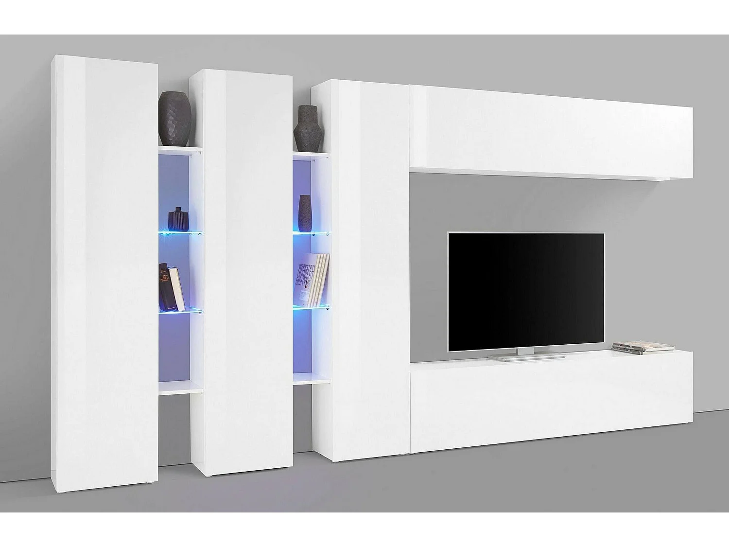 Dmora Wandsysteem Carmelo 30x340x180h cm Wit Glanzend 23 Planken Draaideur en Klep, 5 Deuren Made in Italy