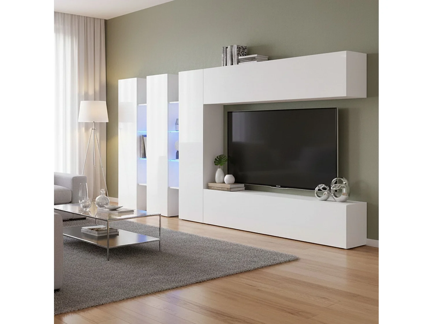 Élément mural Carmelo, ensemble de salon meuble TV 5 portes, meuble de salon polyvalent, 100% Made in Italy, 340x30h180 cm, Blanc brillant