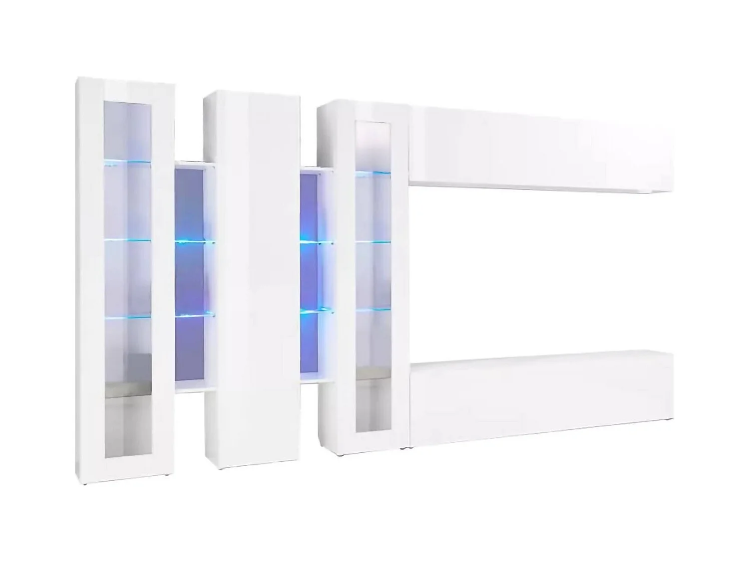 Système mural Clemente, meuble TV 5 portes, Meuble de salon polyvalent, 100% Made in Italy, 340x30h180 cm, Blanc brillant