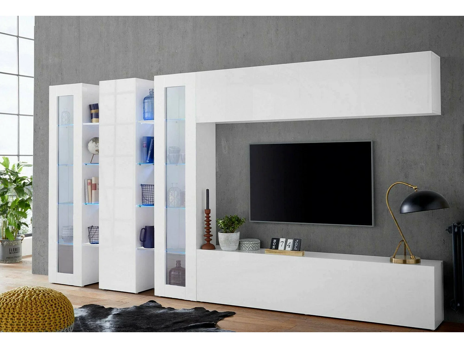 Sistema de parede Clemente, conjunto de sala de TV com 5 portas, móveis de sala multiuso, 100% Fabricado na Itália, 340x30h180 cm, Branco brilhante