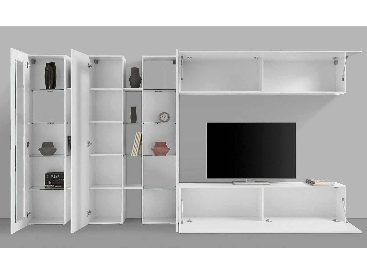 Sistema de parede Clemente, conjunto de sala de TV com 5 portas, móveis de sala multiuso, 100% Fabricado na Itália, 340x30h180 cm, Branco brilhante