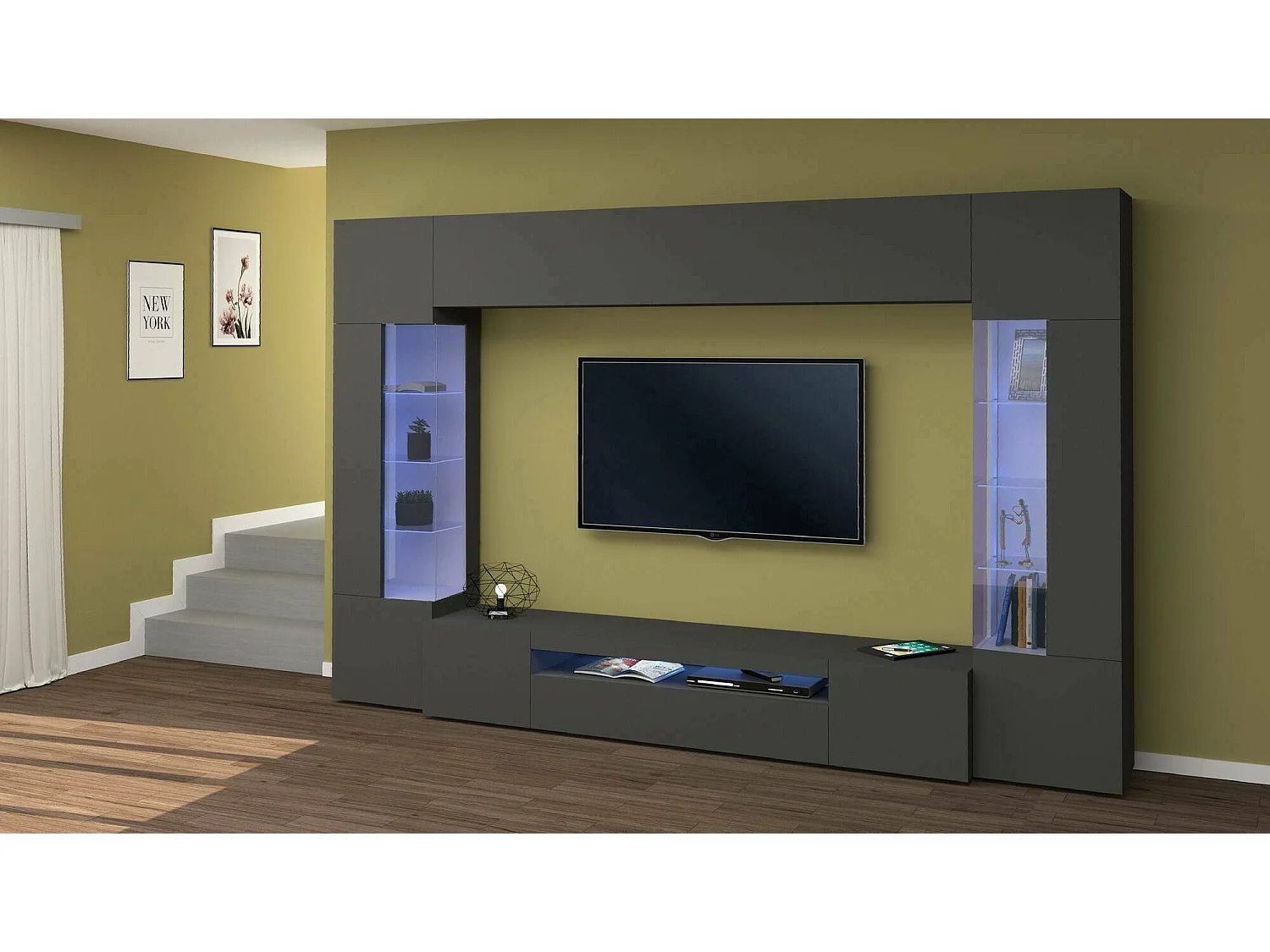 Sistema de parede Clementino, conjunto de sala de TV com 6 portas, mobiliário de sala multiuso com luz LED, 100% Fabricado em Itália, 290x40h191 cm, Antracite