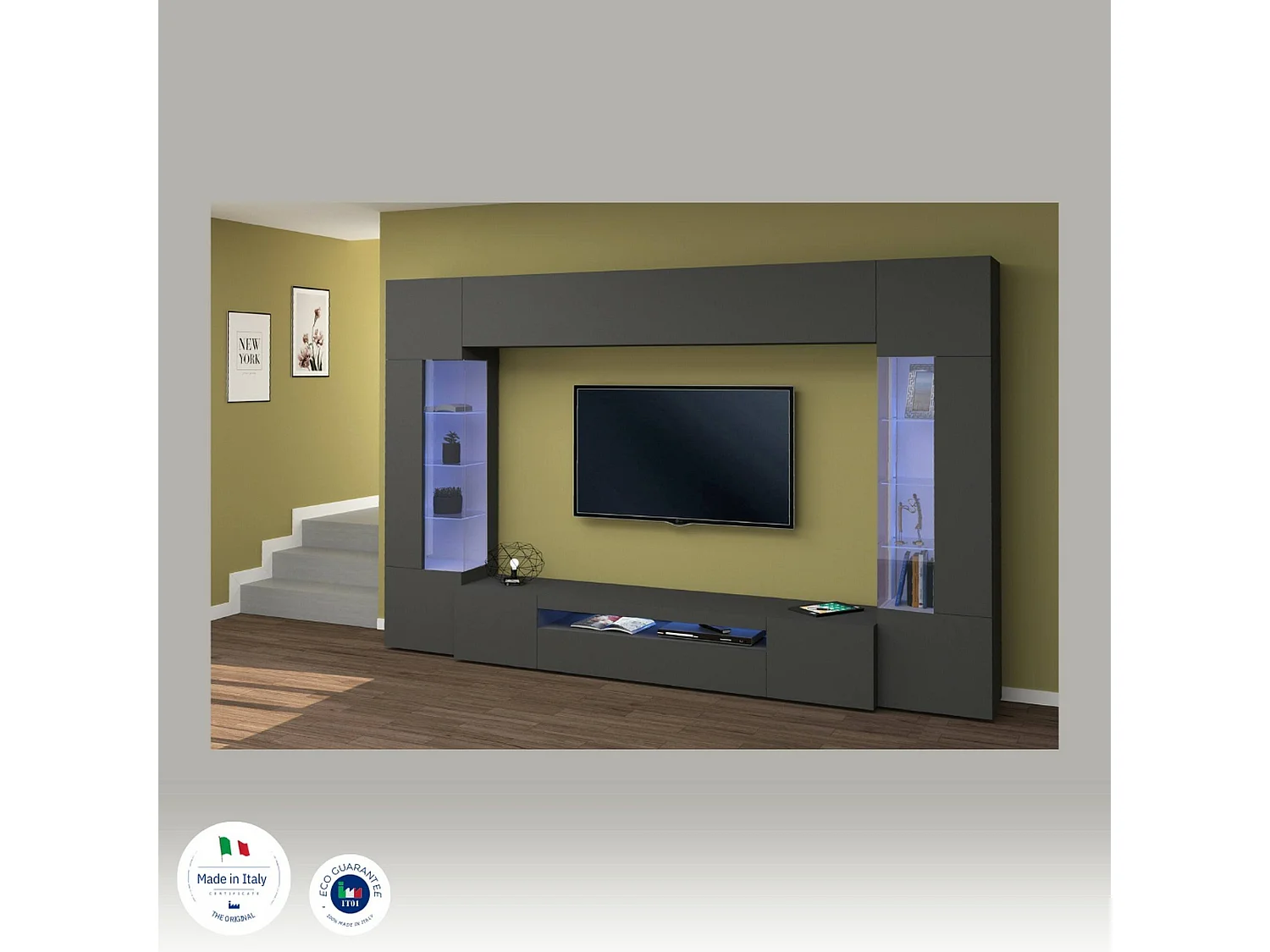Pared Equipada Clementino, Conjunto de salón Mueble de TV con 6 puertas, Mueble de salón polivalente con luz LED, 100% Made in Italy, cm 290x40h191, Antracita