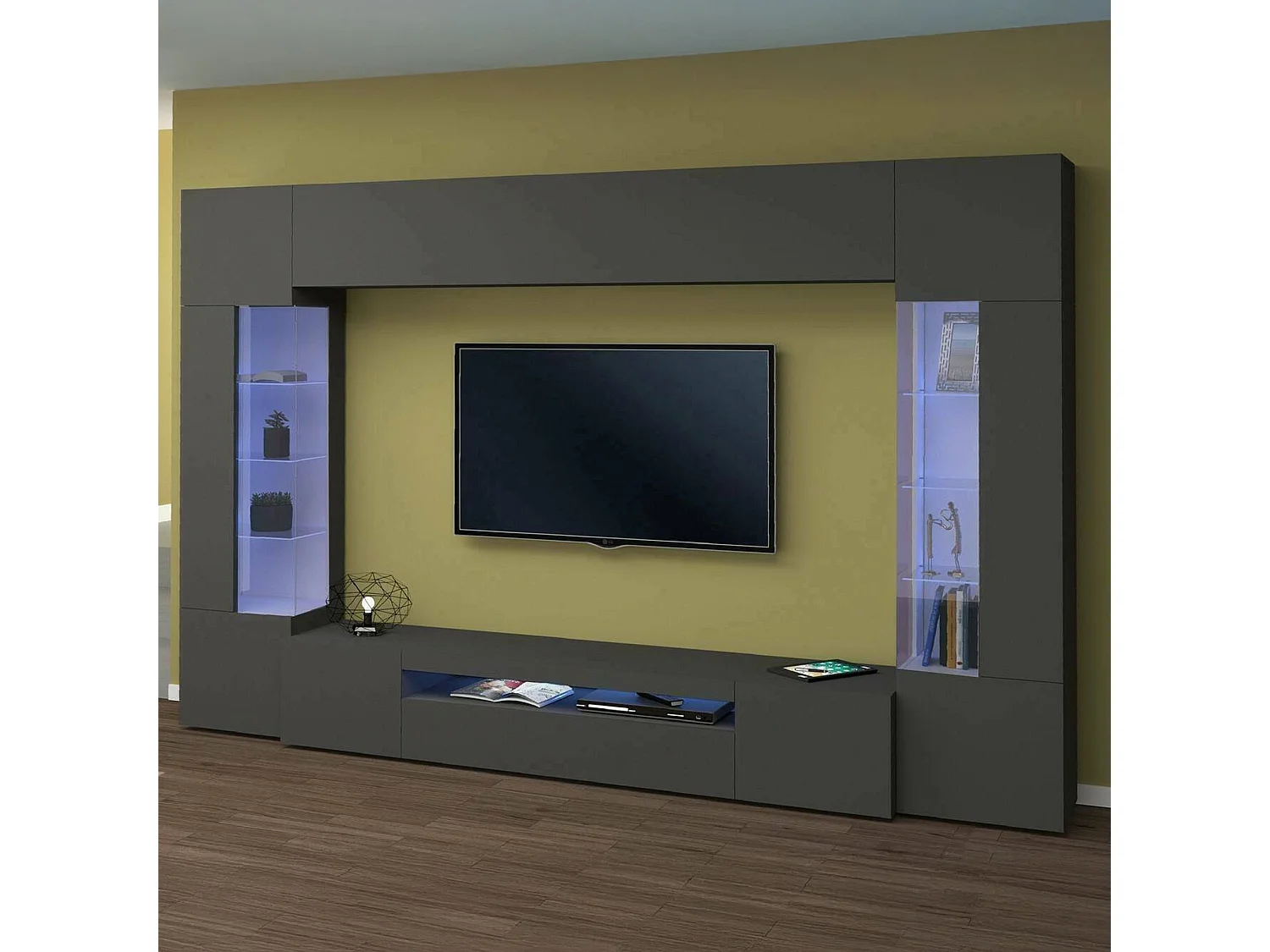 Système mural Clementino, meuble TV 6 portes, meuble de salon polyvalent avec lumière LED, 100% Made in Italy, 290x40h191 cm, Anthracite