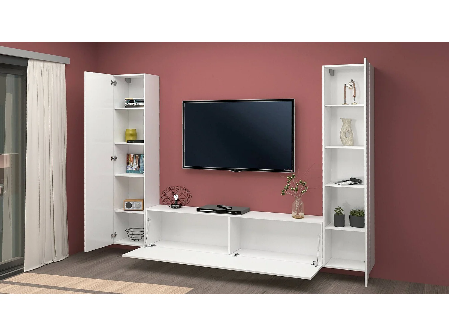 Sistema de parede Giordano, conjunto de sala de TV com 3 portas, móveis de sala multiuso, 100% Fabricado na Itália, 260x30h180 cm, Branco brilhante