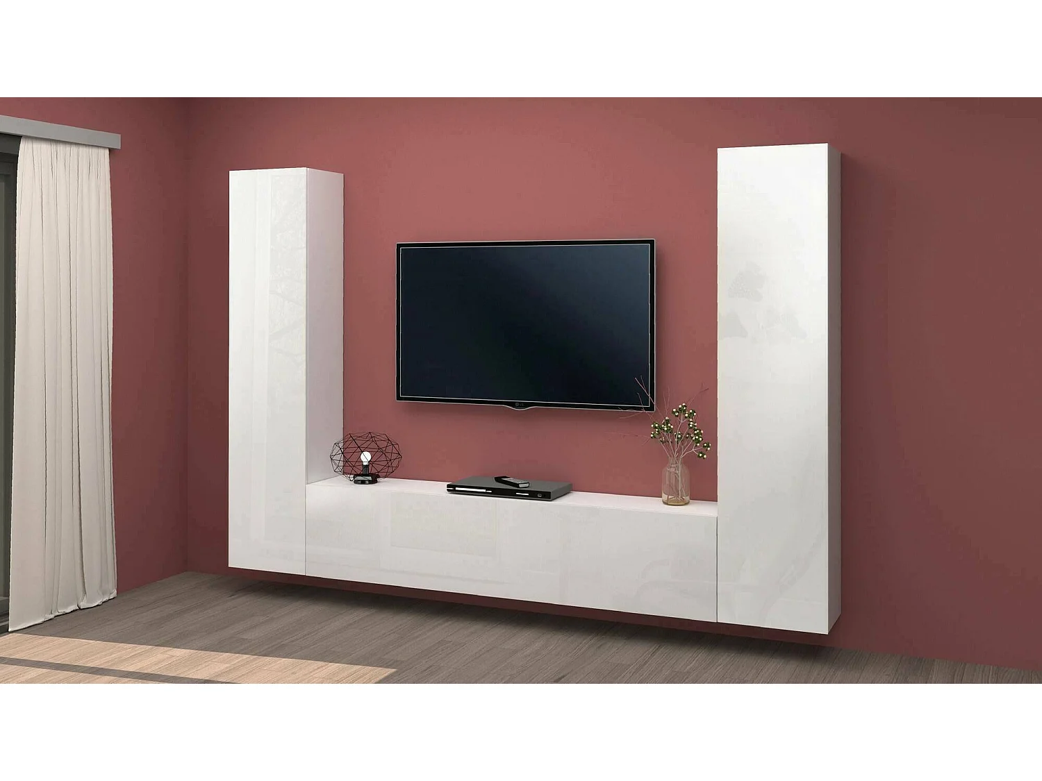 Dmora Wandmeubel Giordano 30x260x180h cm Wit Hoogglans, 9 Planken, Deuren Klap- en Draaibaar, 3 Deuren Made in Italy