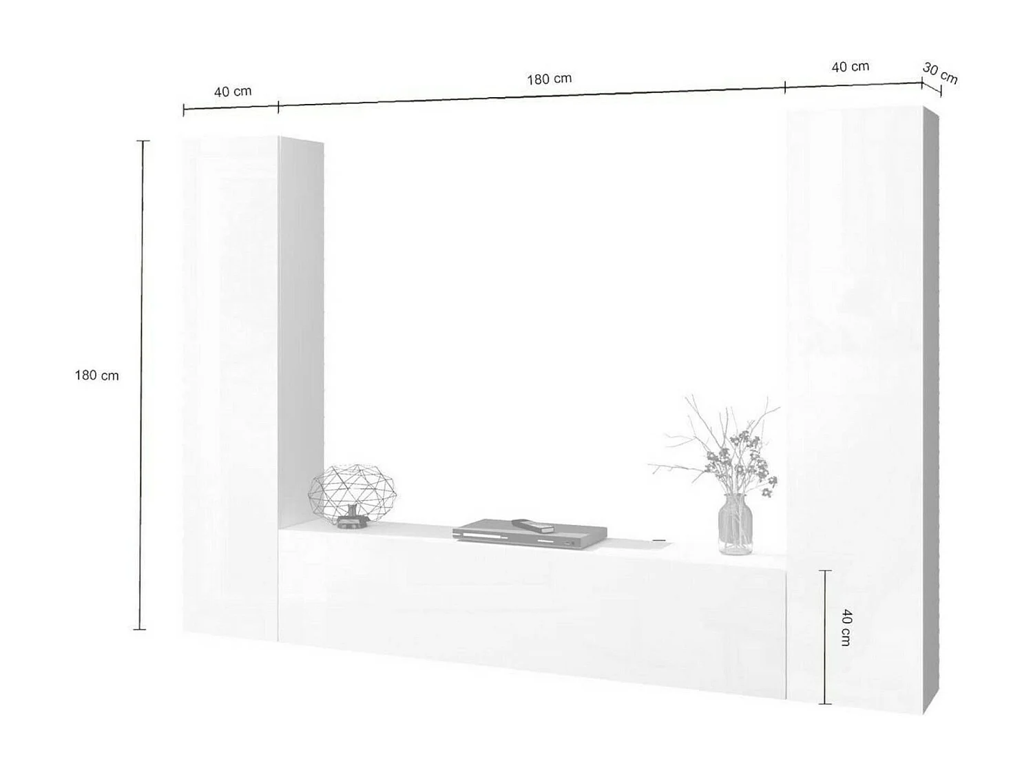 Dmora Wandmeubel Giordano 30x260x180h cm Wit Hoogglans, 9 Planken, Deuren Klap- en Draaibaar, 3 Deuren Made in Italy