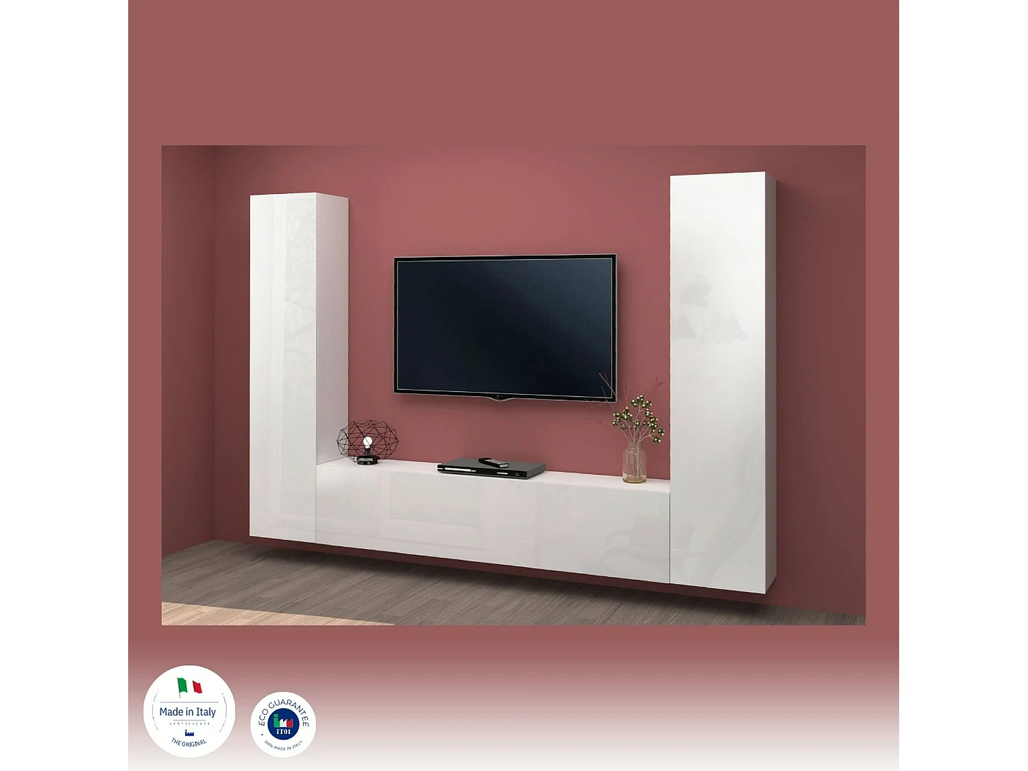 Dmora Wandmeubel Giordano 30x260x180h cm Wit Hoogglans, 9 Planken, Deuren Klap- en Draaibaar, 3 Deuren Made in Italy