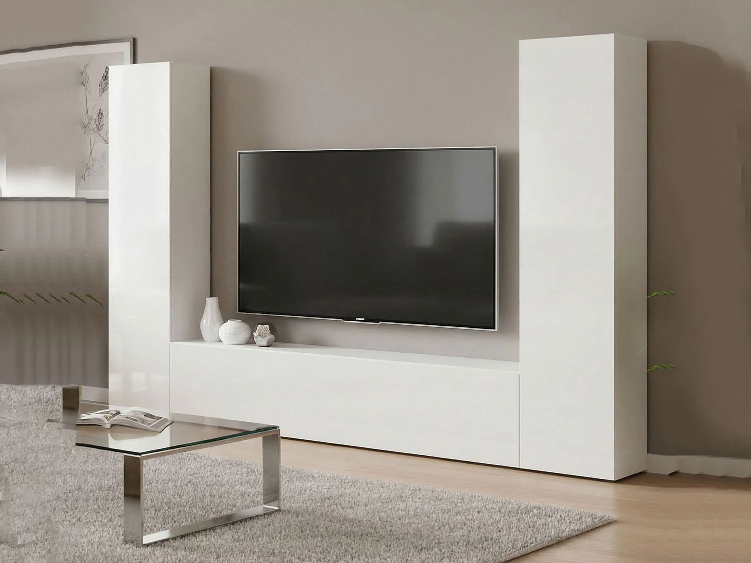 Pared Equipada Giordano, Conjunto de salón Mueble de TV con 3 puertas, Mueble de salón polivalente, 100% Made in Italy, cm 260x30h180, Blanco brillante