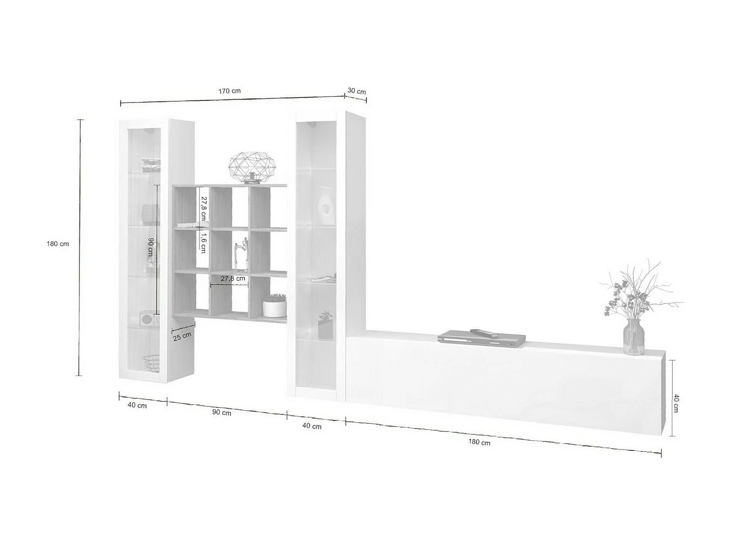 Élément mural Egidio, meuble TV 3 portes, Meuble de salon polyvalent avec vitrine et lumière LED, 100% Made in Italy, 350x30h180 cm, Blanc brillant et érable