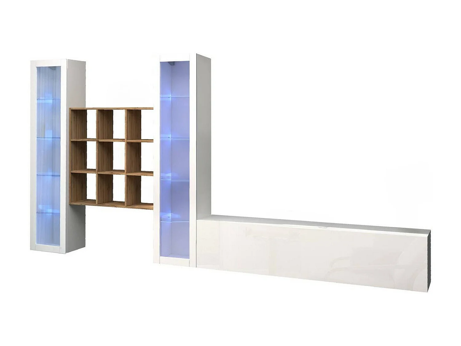 Élément mural Egidio, meuble TV 3 portes, Meuble de salon polyvalent avec vitrine et lumière LED, 100% Made in Italy, 350x30h180 cm, Blanc brillant et érable