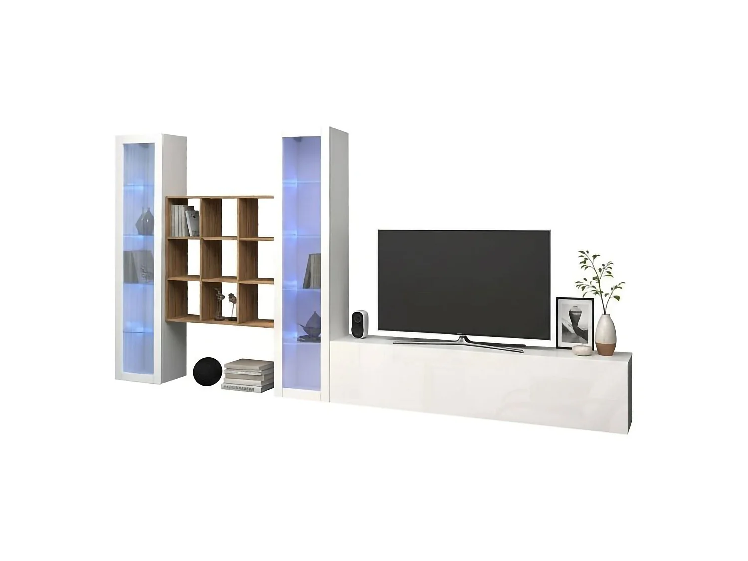 Élément mural Egidio, meuble TV 3 portes, Meuble de salon polyvalent avec vitrine et lumière LED, 100% Made in Italy, 350x30h180 cm, Blanc brillant et érable
