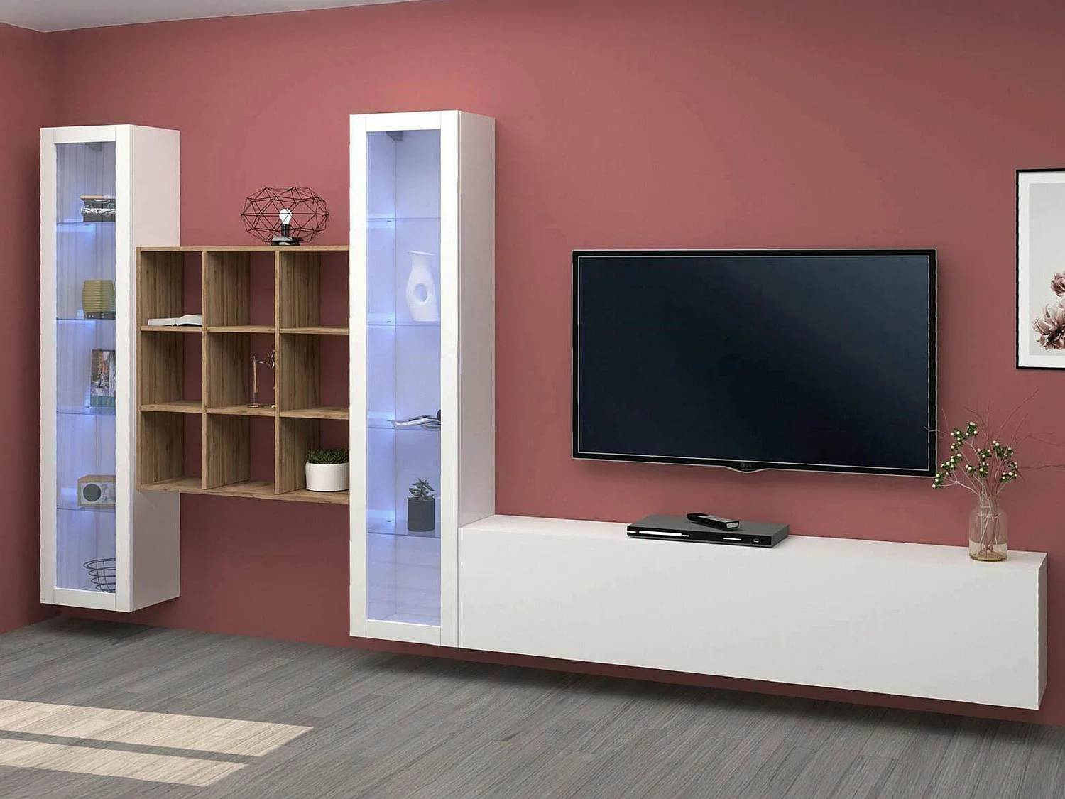 Élément mural Egidio, meuble TV 3 portes, Meuble de salon polyvalent avec vitrine et lumière LED, 100% Made in Italy, 350x30h180 cm, Blanc brillant et érable