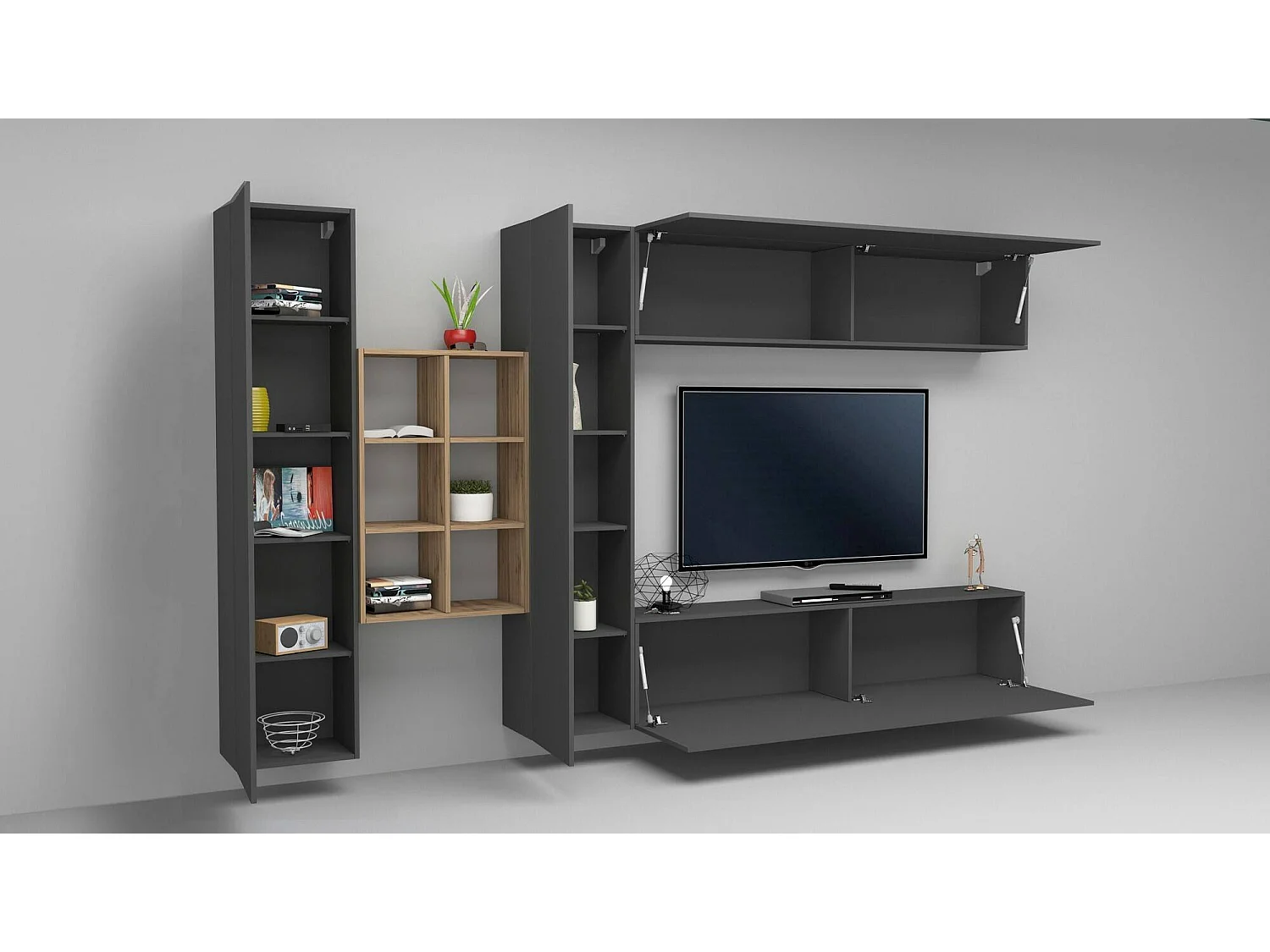Parete attrezzata Danilo, Set salotto porta TV a 4 ante, Mobile soggiorno multiuso, 100% Made in Italy, cm 280x30h180, Antracite e Acero