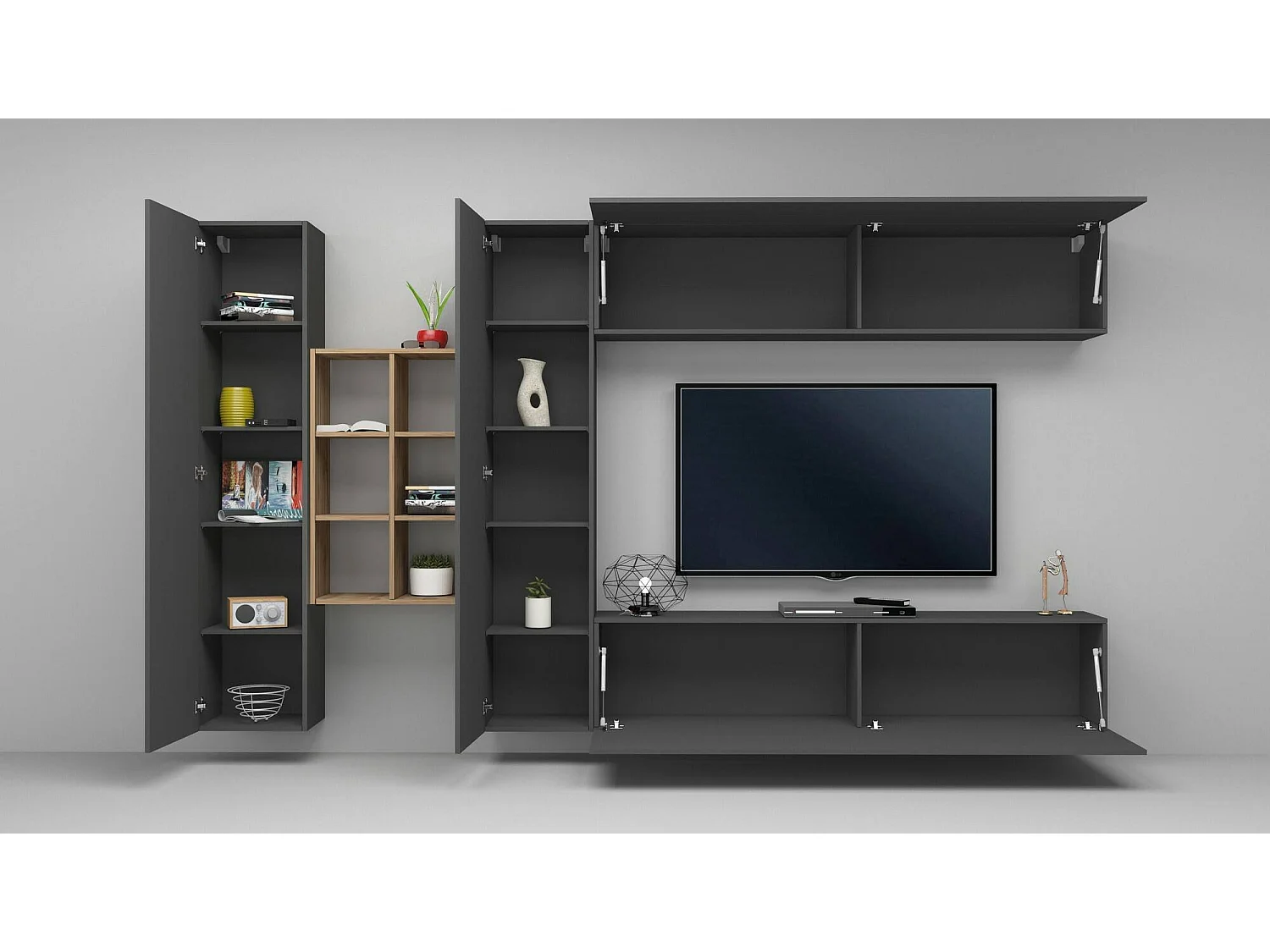 Danilo wandsysteem, 4-deurs tv-meubel woonkamerset, multifunctioneel woonkamermeubilair, 100% Made in Italy, 280x30h180 cm, antraciet en esdoorn