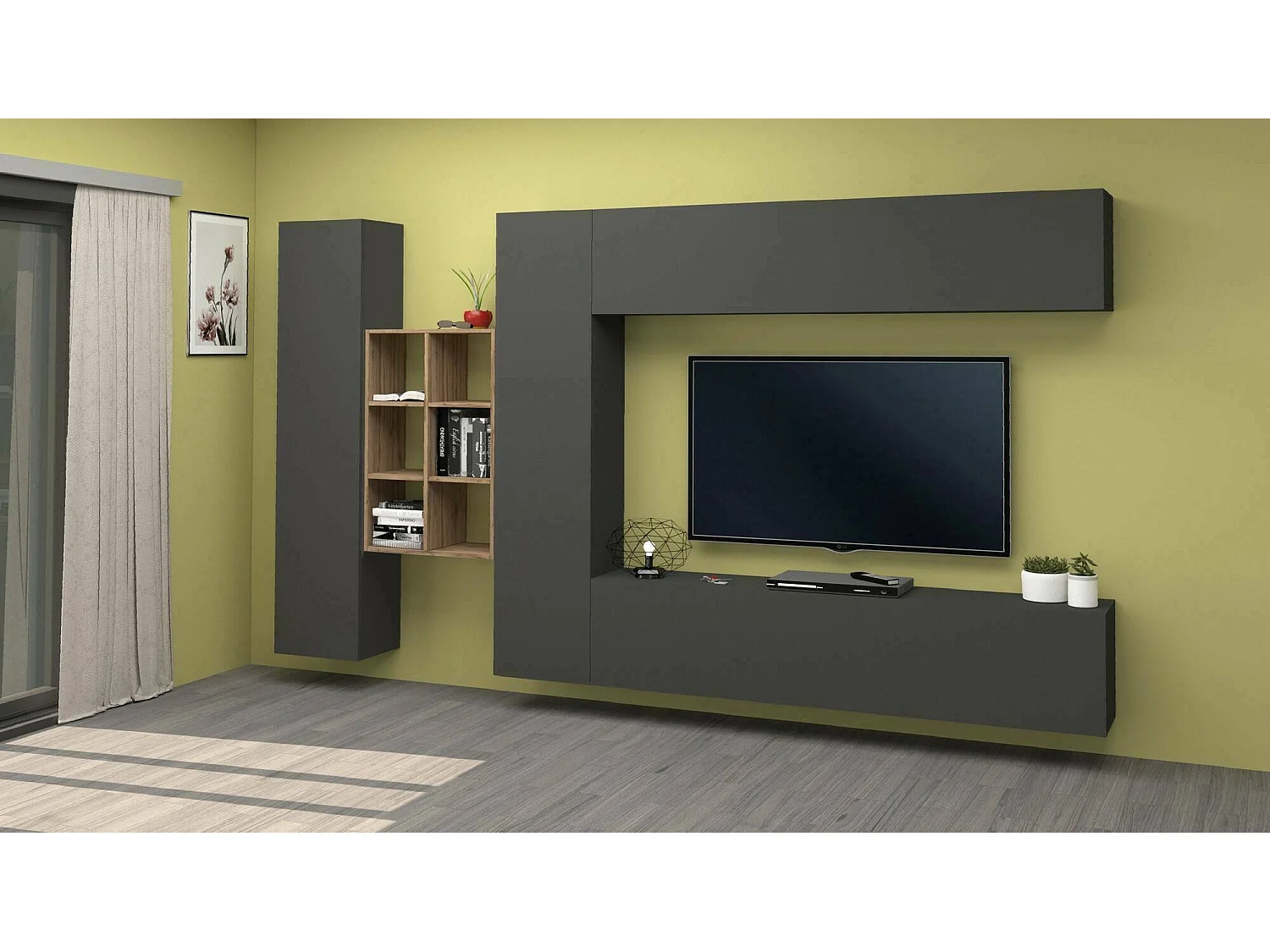 Sistema de parede Danilo, conjunto de sala de TV com 4 portas, móveis de sala multiuso, 100% Fabricado na Itália, 280x30h180 cm, Antracite e Bordo