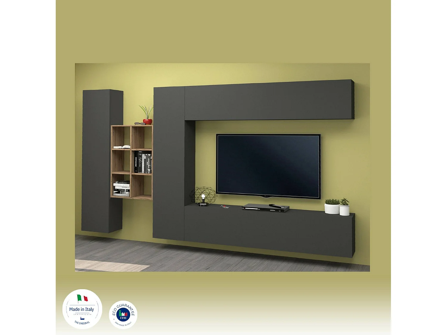 Sistema de parede Danilo, conjunto de sala de TV com 4 portas, móveis de sala multiuso, 100% Fabricado na Itália, 280x30h180 cm, Antracite e Bordo