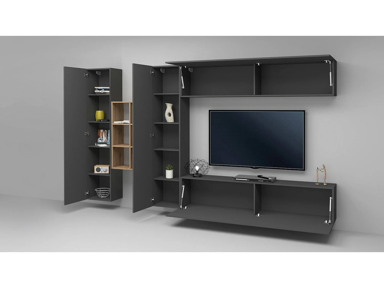 Sistema de parede Danilo, conjunto de sala de TV com 4 portas, móveis de sala multiuso, 100% Fabricado na Itália, 280x30h180 cm, Antracite e Bordo
