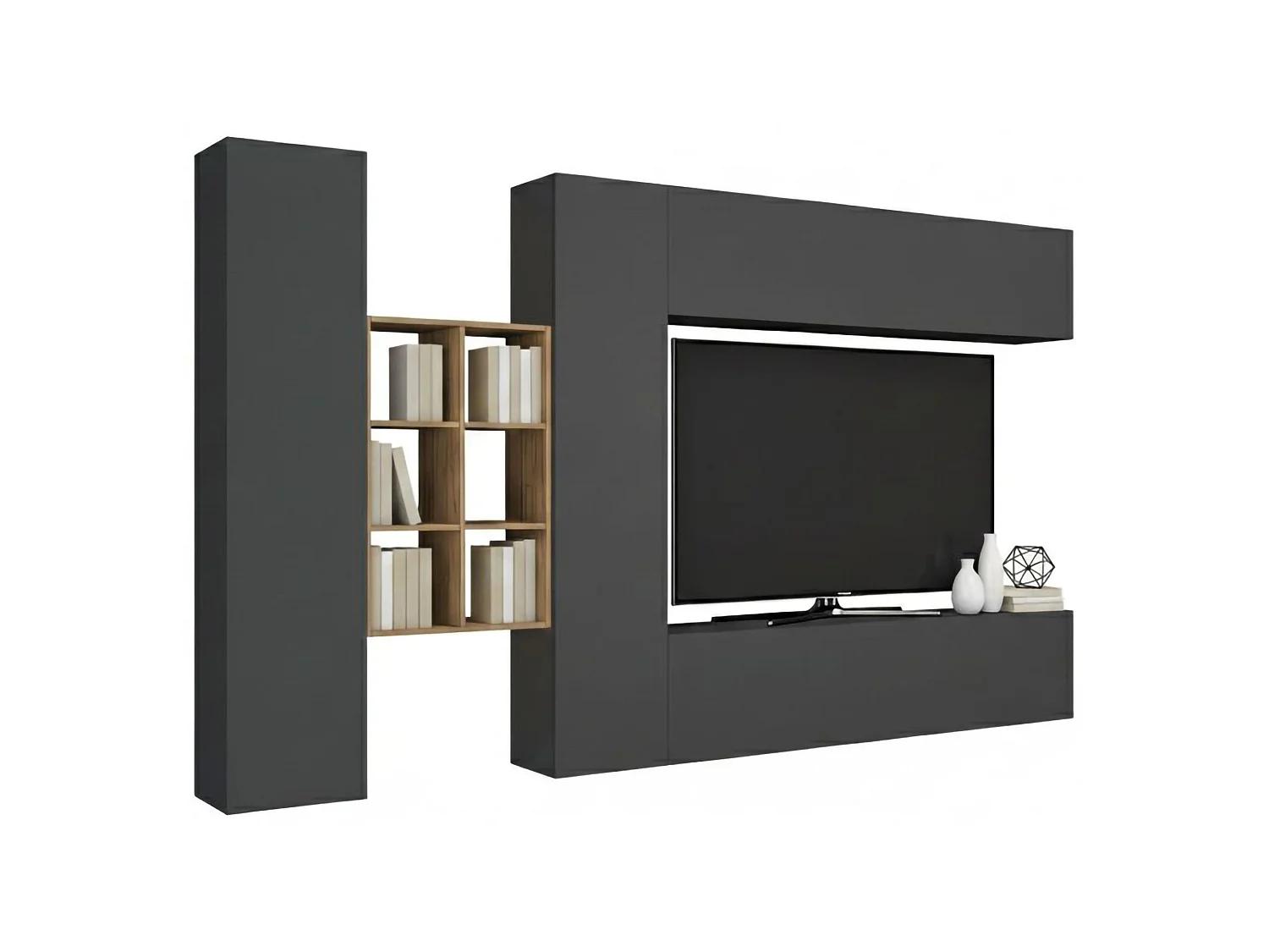 Élément mural Danilo, meuble TV 4 portes, Meuble de salon polyvalent, 100% Made in Italy, 280x30h180 cm, Anthracite et Érable