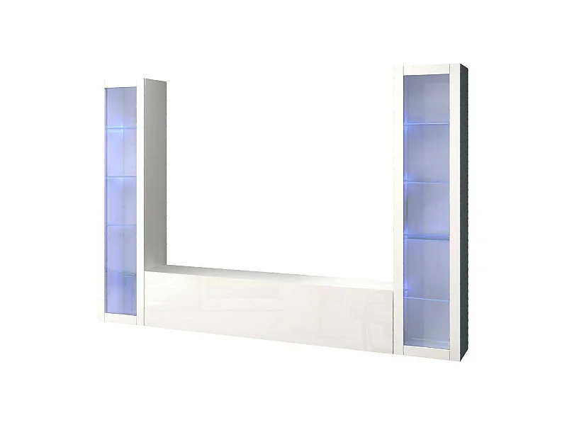 Élément mural Gino, meuble TV 3 portes, Meuble de salon polyvalent avec vitrine et lumière LED, 100% Made in Italy, 260x30h180 cm, Blanc brillant