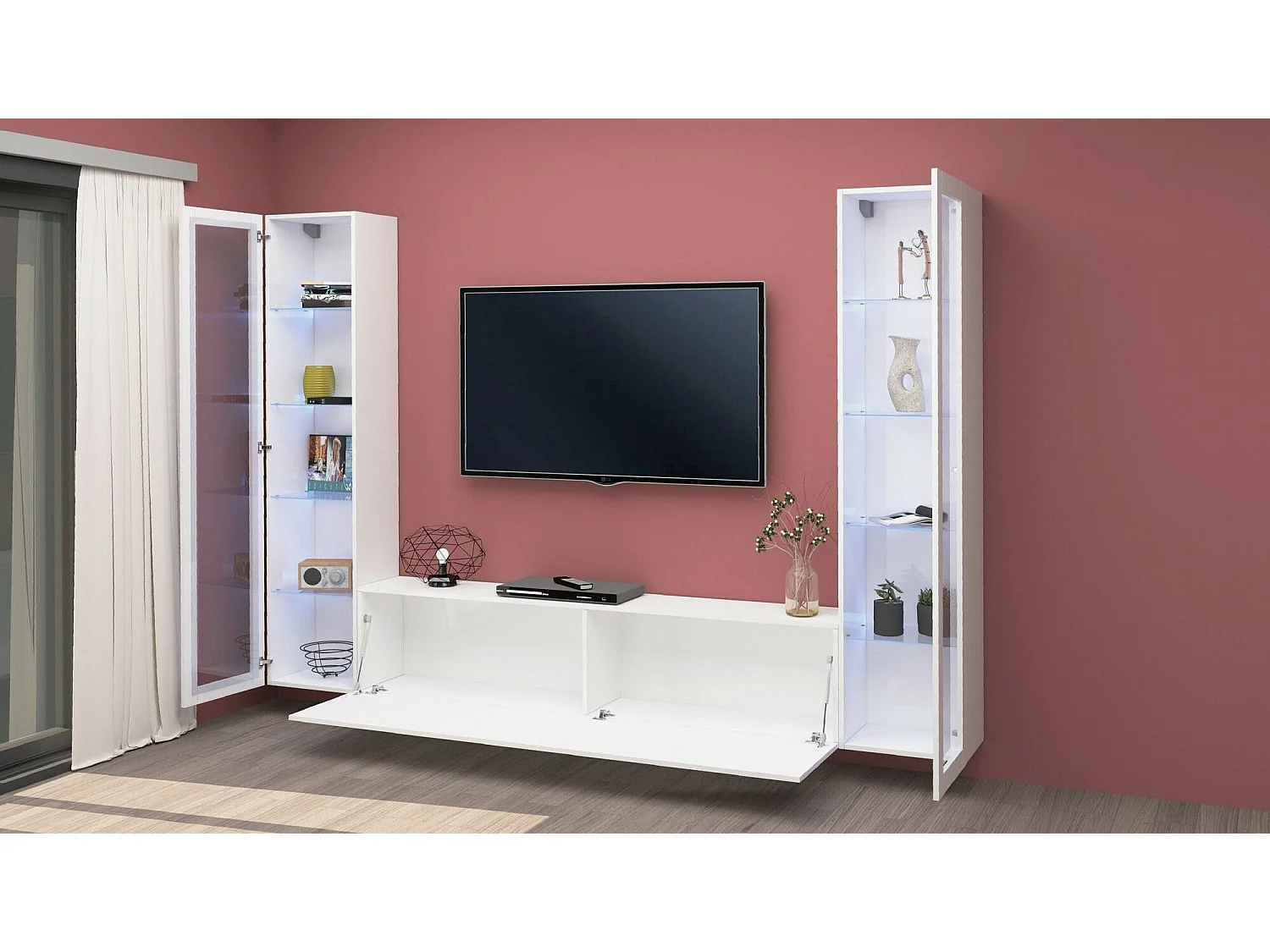 Élément mural Gino, meuble TV 3 portes, Meuble de salon polyvalent avec vitrine et lumière LED, 100% Made in Italy, 260x30h180 cm, Blanc brillant