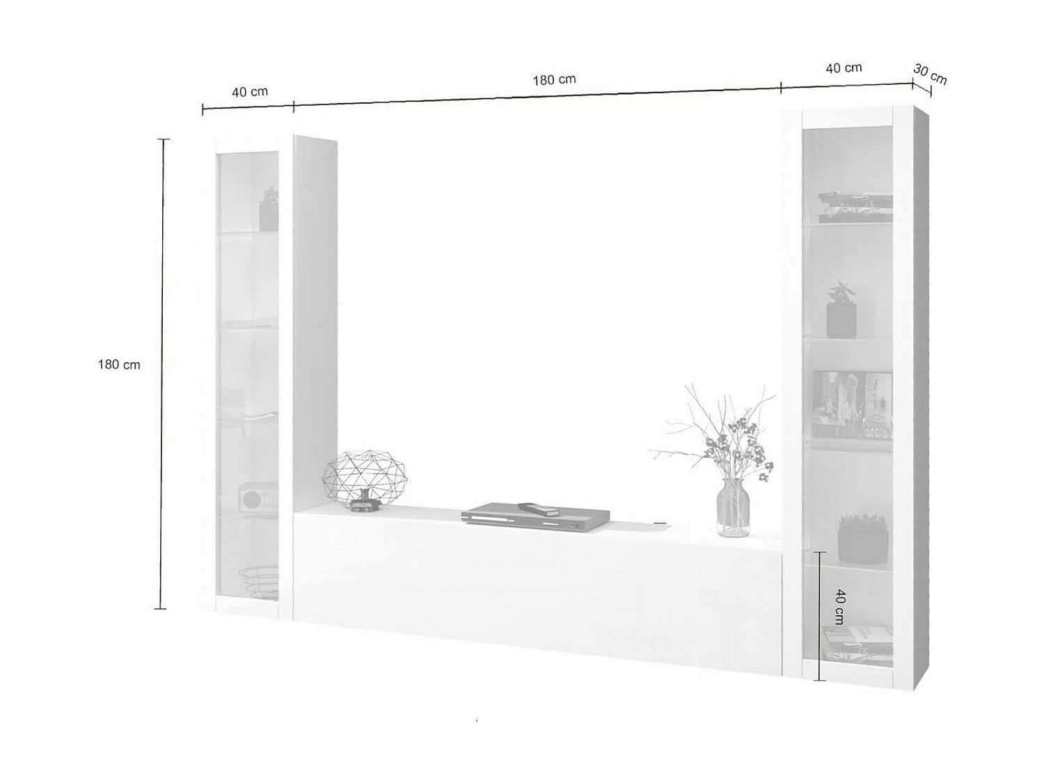 Wohnzimmermöbel Gino, Wohnzimmer-Set TV-Möbel mit 3 Türen, Mehrzweck-Wohnmöbel mit Vitrine und LED-Licht, 100 % Made in Italy, cm 260x30h180, glänzend weiÃŸ