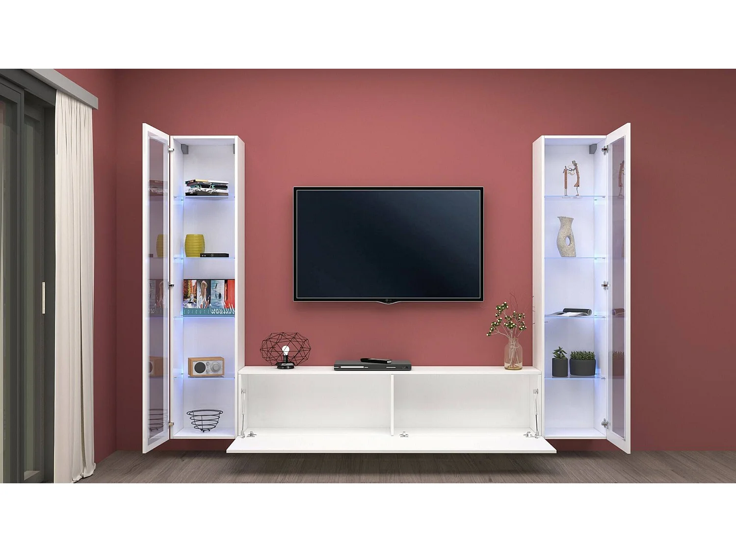 Wohnzimmermöbel Gino, Wohnzimmer-Set TV-Möbel mit 3 Türen, Mehrzweck-Wohnmöbel mit Vitrine und LED-Licht, 100 % Made in Italy, cm 260x30h180, glänzend weiÃŸ