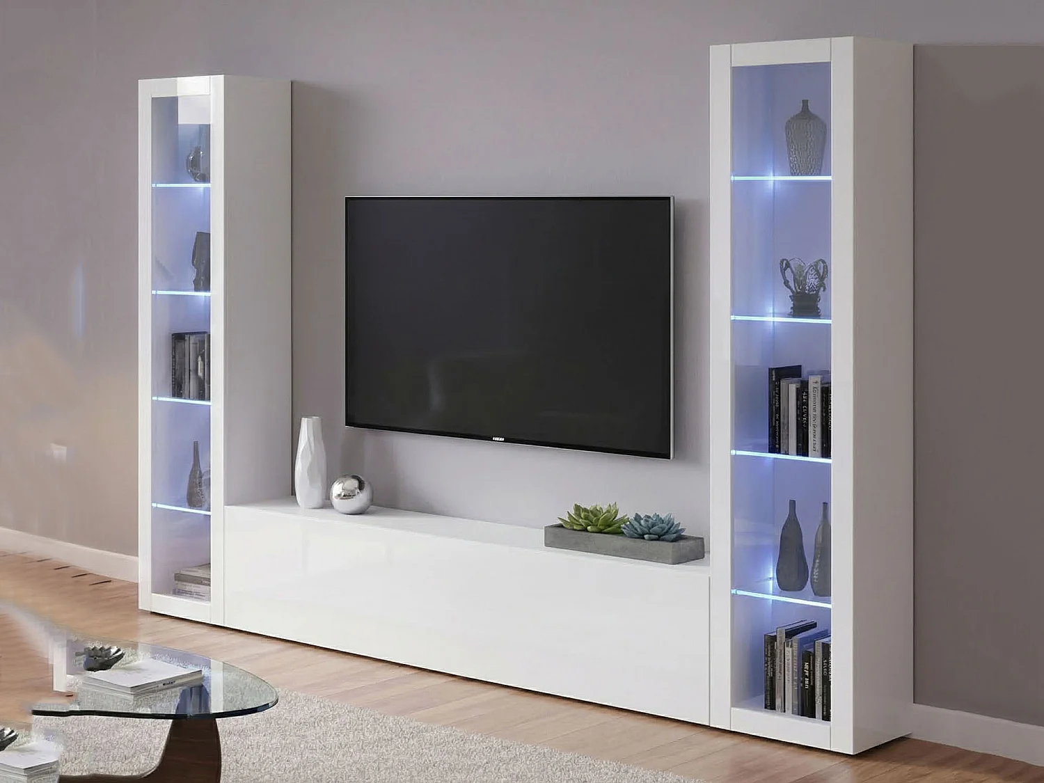 Élément mural Gino, meuble TV 3 portes, Meuble de salon polyvalent avec vitrine et lumière LED, 100% Made in Italy, 260x30h180 cm, Blanc brillant