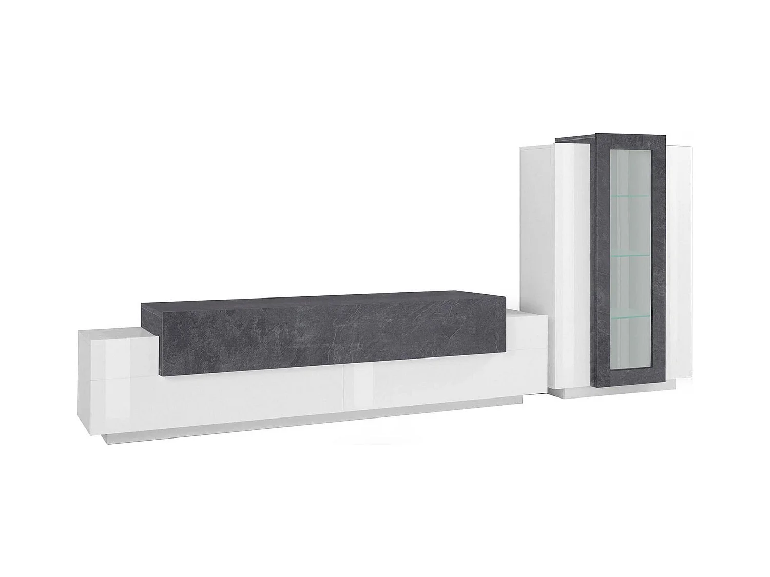 Système mural Mirko, ensemble de salon meuble TV, meuble de salon polyvalent, 100% Made in Italy, 280x45h121 cm, blanc brillant et ardoise