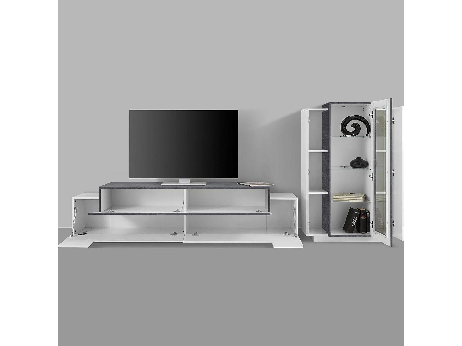 Système mural Mirko, ensemble de salon meuble TV, meuble de salon polyvalent, 100% Made in Italy, 280x45h121 cm, blanc brillant et ardoise