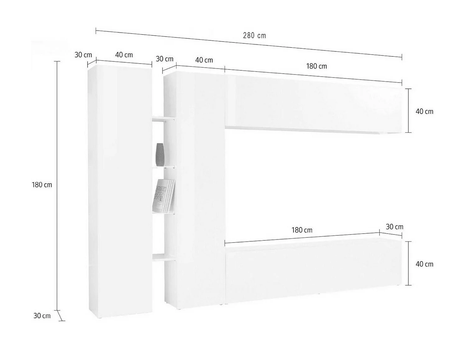 Système mural Costanzo, meuble TV 4 portes, meuble de salon polyvalent, 100% Made in Italy, 280x30x180 cm, Anthracite