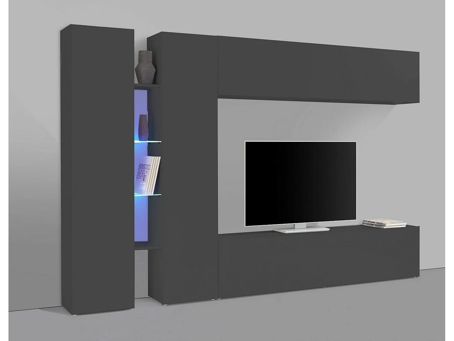 Dmora Wandmeubel Costanzo 30x280x180h cm Antracietzwart 15 Planken Met Deur- en Klapopeningen, 4 Deuren Made in Italy