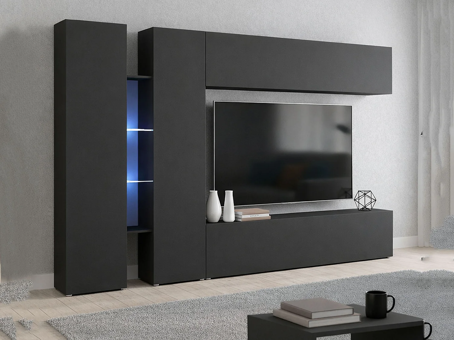 Dmora Wandmeubel Costanzo 30x280x180h cm Antracietzwart 15 Planken Met Deur- en Klapopeningen, 4 Deuren Made in Italy