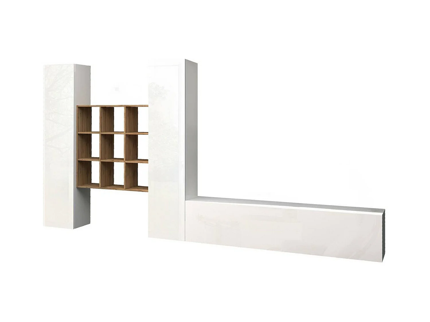 Élément mural Denis, meuble TV 3 portes, Meuble de salon polyvalent, 100% Made in Italy, 270x30h180 cm, Blanc brillant et érable