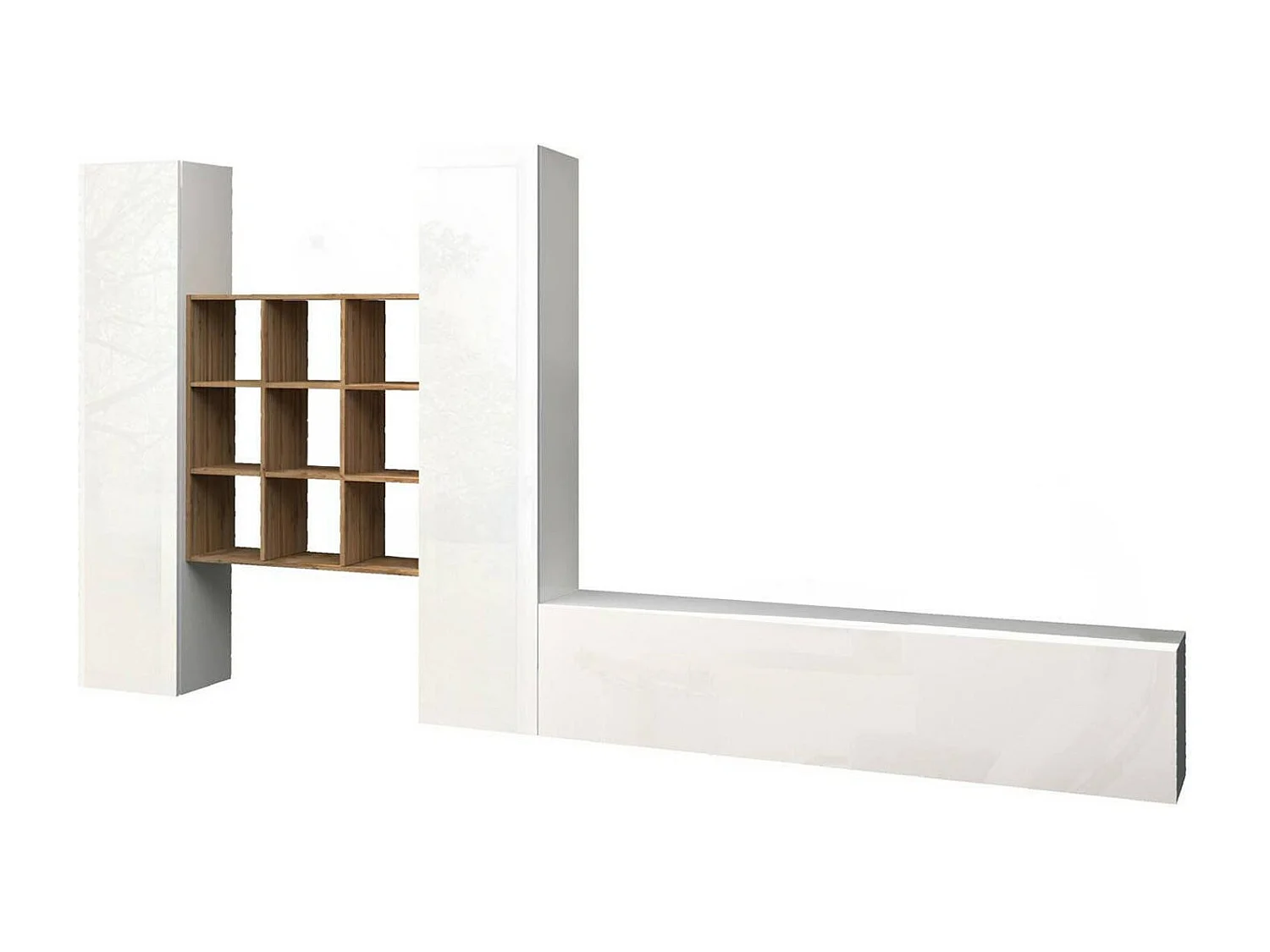 Parete attrezzata Denis, Set salotto porta TV a 3 ante, Mobile soggiorno multiuso, 100% Made in Italy, cm 270x30h180, Bianco lucido e Acero