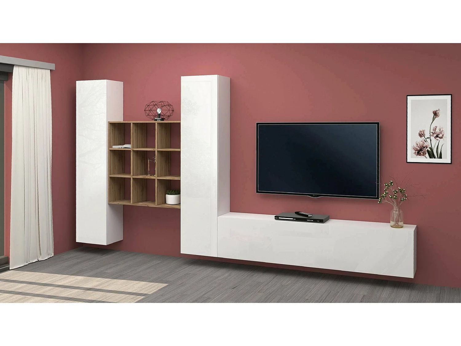 Parete attrezzata Denis, Set salotto porta TV a 3 ante, Mobile soggiorno multiuso, 100% Made in Italy, cm 270x30h180, Bianco lucido e Acero