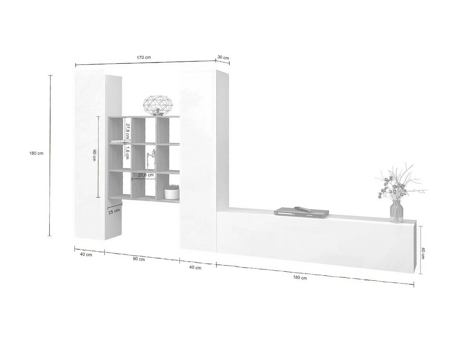 Parete attrezzata Denis, Set salotto porta TV a 3 ante, Mobile soggiorno multiuso, 100% Made in Italy, cm 270x30h180, Bianco lucido e Acero
