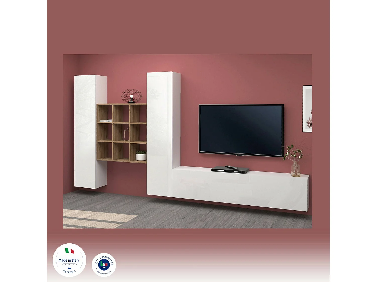 Parete attrezzata Denis, Set salotto porta TV a 3 ante, Mobile soggiorno multiuso, 100% Made in Italy, cm 270x30h180, Bianco lucido e Acero