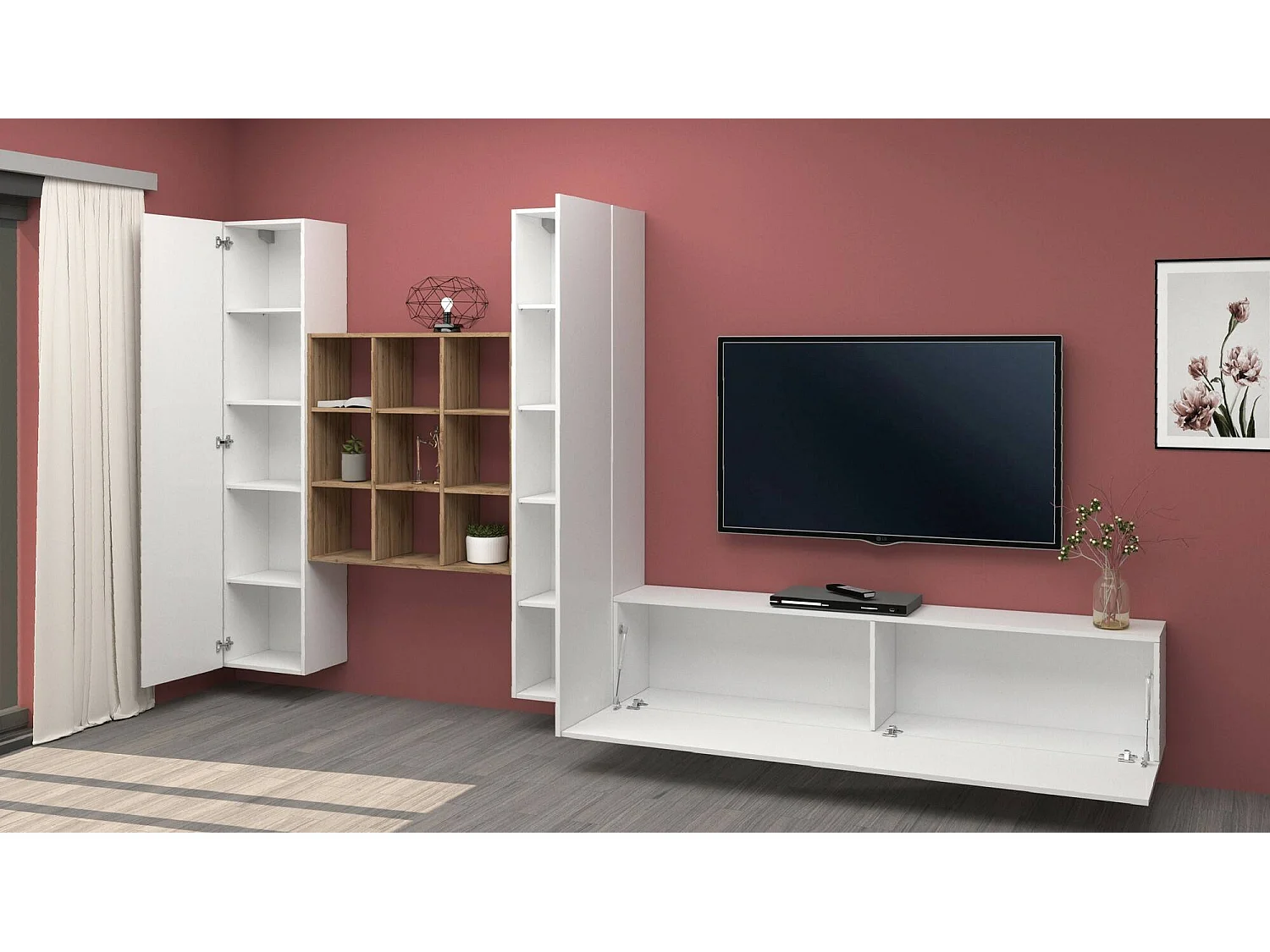 Parete attrezzata Denis, Set salotto porta TV a 3 ante, Mobile soggiorno multiuso, 100% Made in Italy, cm 270x30h180, Bianco lucido e Acero