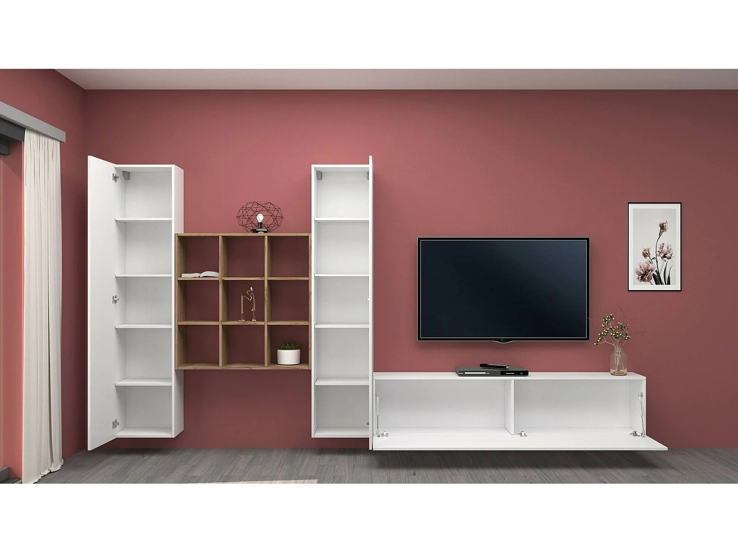 Parete attrezzata Denis, Set salotto porta TV a 3 ante, Mobile soggiorno multiuso, 100% Made in Italy, cm 270x30h180, Bianco lucido e Acero